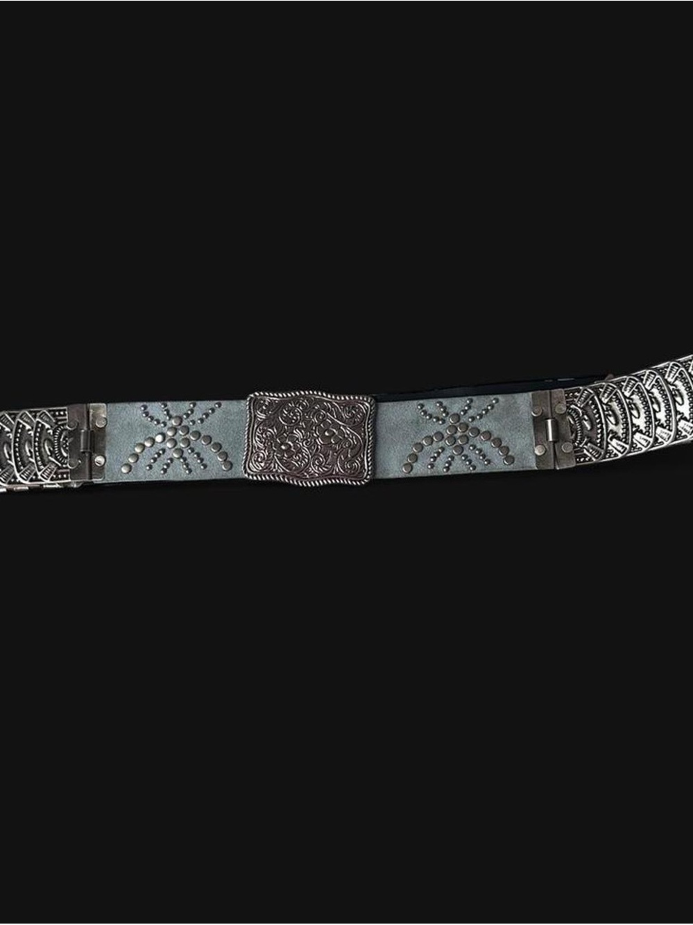 Western-Inspired Silver Metal Accent Belt in Light Blue